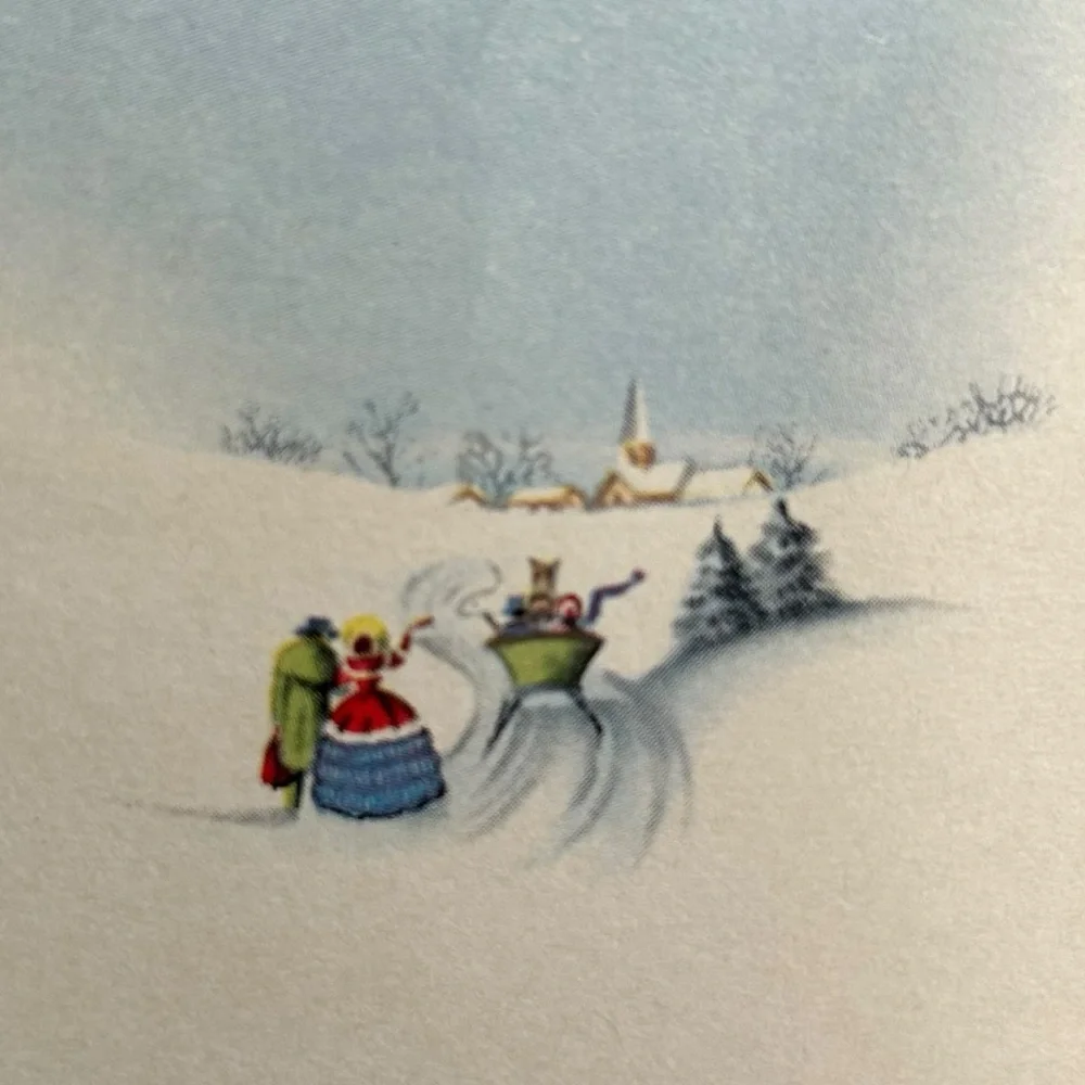 Vintage 40s 50s Christmas Card Victorian Snowy Village Scene Retro Art Ephemera